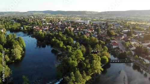 Drone shot of the Bosnian city of Bihac with its beautiful Una River photo