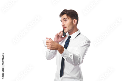 a person phone communication success work office isolated background