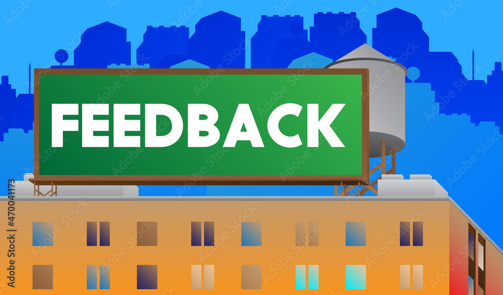 Obraz premium Feedback text on a billboard sign atop a brick building. Outdoor advertising in the city. Large banner on roof top of a brick architecture.