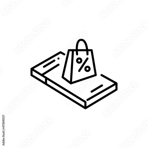 Online shopping sale event. Shopping bah with discount symbol on top of isometric smartphone. Pixel perfect, editable stroke icon