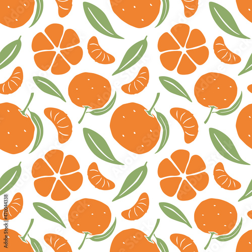 Cute tangerine seamless pattern. Bright citrus fruit background. Vector flat hand drawn illustration in cartoon style