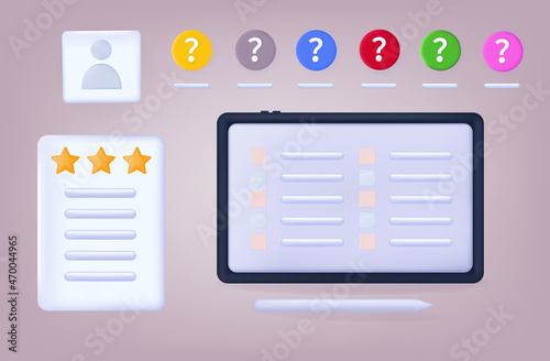 3d quiz correct answers to questions online. The concept of reward and motivation. Competition, test, exam on the tablet screen. Cards with tasks and the result of the quiz with a star. Vector
