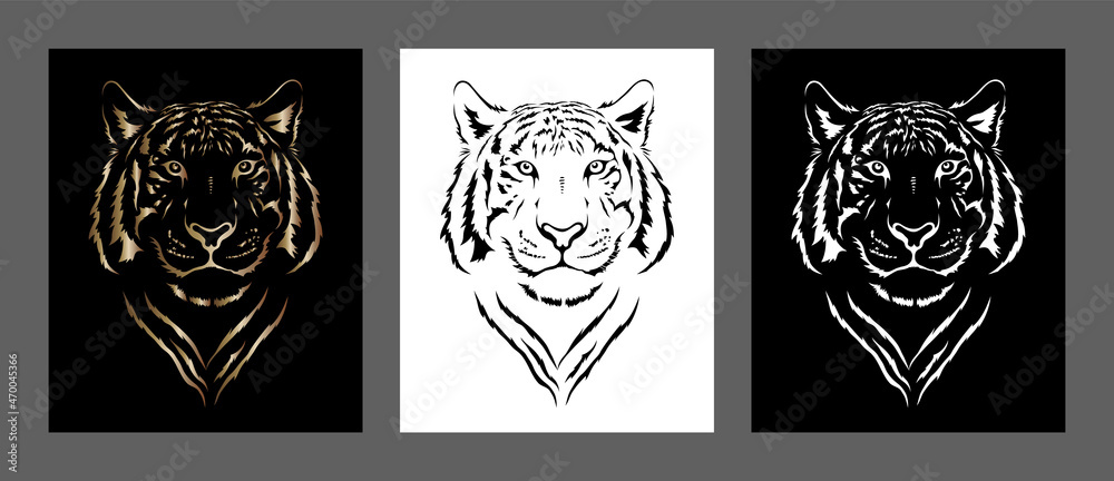 Tiger head. Set. Black and white contour, gold gradient