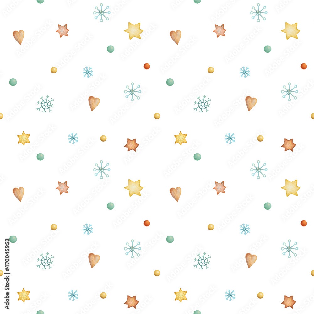 Seamless christmas winter pattern with hearts, snowflakes stars and balls. Hand drawn illustration. Seamless christmas winter pattern with hearts, snowflakes stars and balls. Hand drawn illustration.