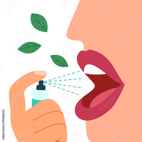 Woman using mouth spray for fresh breathing or sore throat infection treatment in flat design on white background.