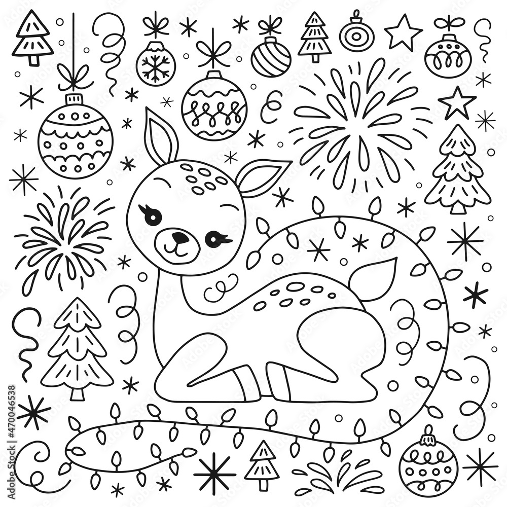 Coloring book deer and christmas elements.