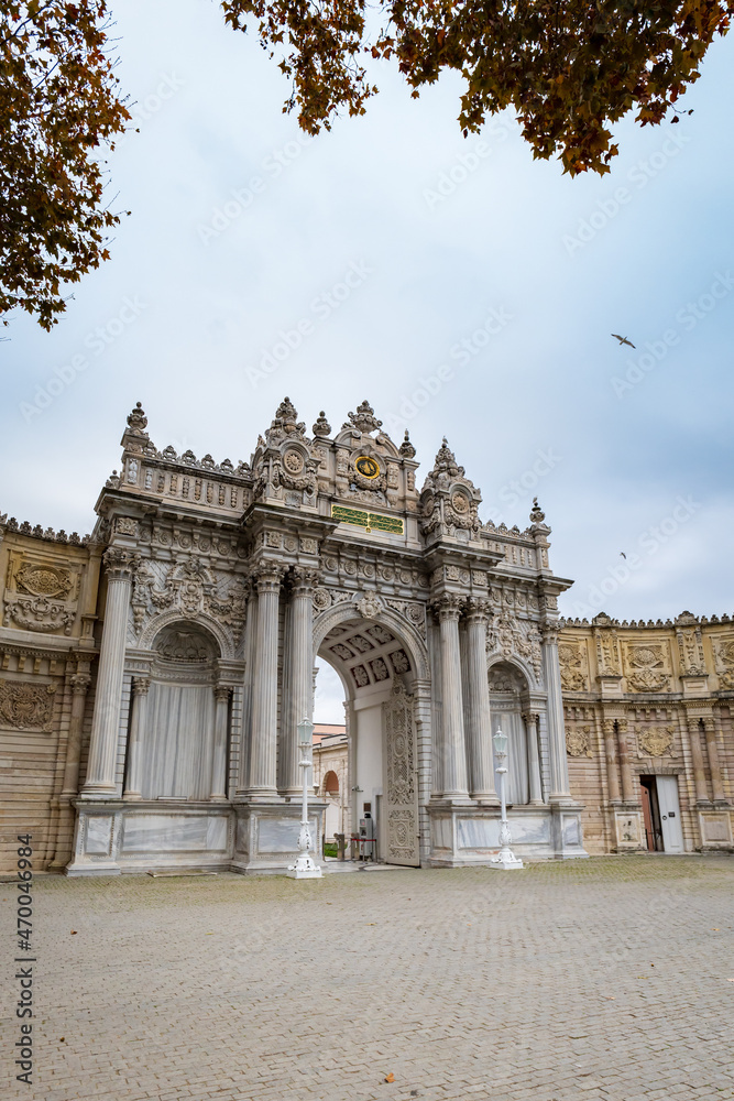 Dolmabache palace main entrance gate in Istanbul, Turkey.  Dolmabache served as the main administrative center of the Ottoman Empire and is popular for tourists and visitors.