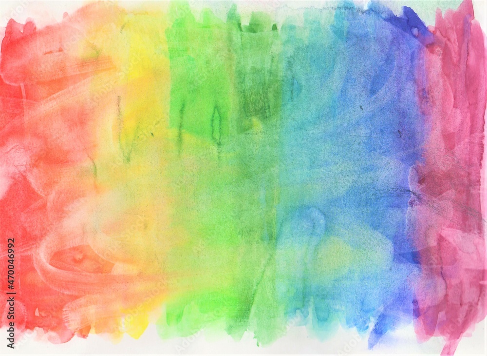 Rainbow watercolor background. Transparent lines and spots on a white paper background. Paint leaks and ombre effects. Abstract hand-painted image.