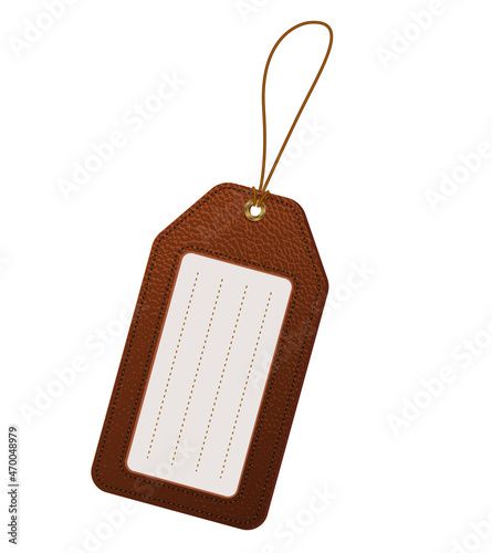 Brown leather luggage tag label with strap. Travel identification card. Vector illustration isolated on white background