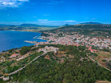 Aerial view of the beautiful seaside city of Pylos located in western Messenia in Peloponnese, Greece