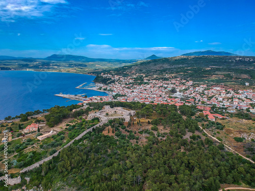 Aerial view of the beautiful seaside city of Pylos located in western Messenia in Peloponnese, Greece