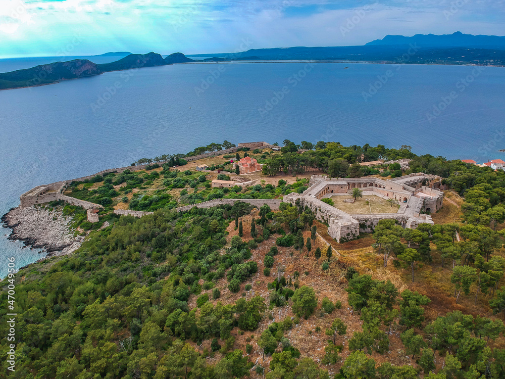 Aerial view of the beautiful seaside city of Pylos located in western Messenia in Peloponnese, Greece