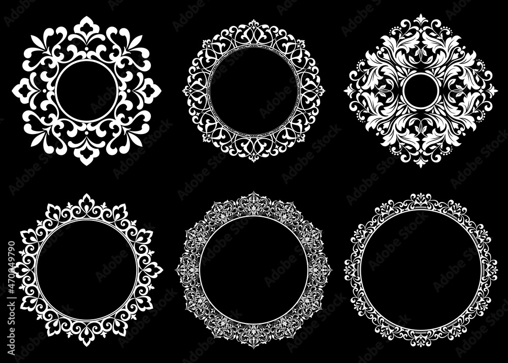 Set of decorative frames Elegant vector element for design in Eastern style, place for text. Floral black and white borders. Lace illustration for invitations and greeting cards.