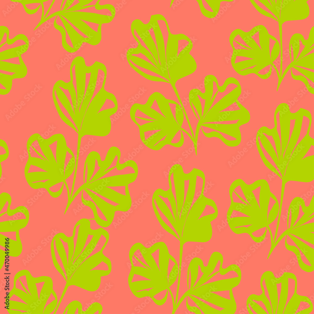 Vector seamless pattern with ginkgo leaves on coral background,botanical illustration for fashion,packaging, wallpaper or cover design,chinese motif with plant,foliage print.