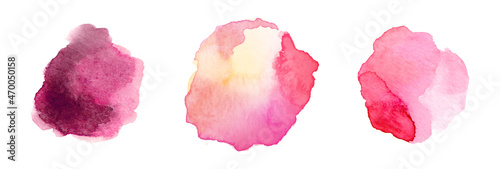 Pink watercolor stains set on textured paper. Colored splash or spot in wine tone. Abstract circles of delicate floral shade on white isolated background. Painted illustration for corporate style.
