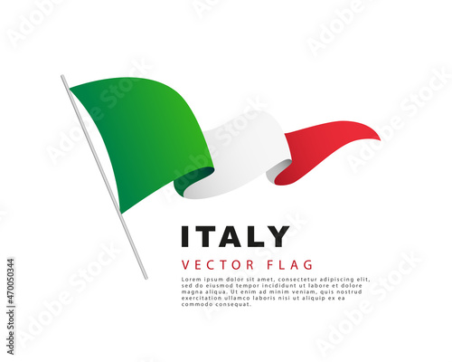 The flag of Italy hangs from a flagpole waving in the wind. Vector illustration isolated on white background.