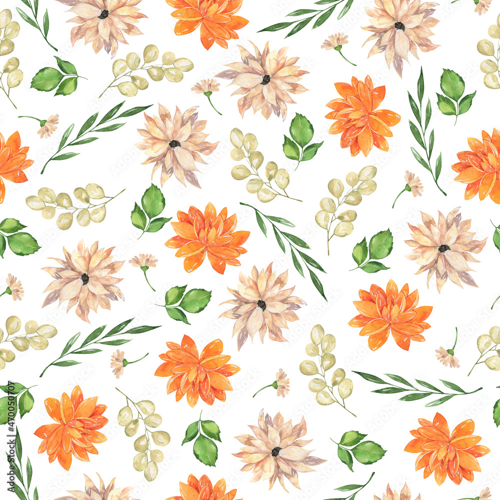 Seamless pattern with beige and orange flowers and green leaves. Hand drawn watercolor illustration. Seamless pattern with beige and orange flowers and green leaves. Hand drawn watercolor illustration.