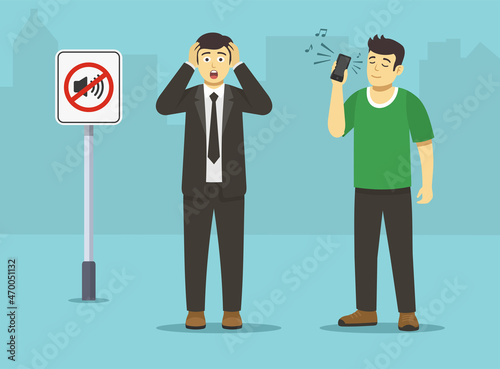 No loud music in public places warning sign.Isolated young male character holding phone and listening to loud music. Businessman covering his ears with hands. Flat vector illustration template.