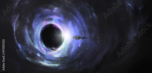 Spaceship near the black hole, 3d illustration.