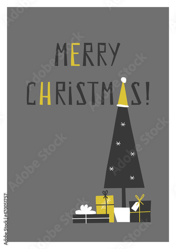 Vector gift card with text - Merry Christmas. Poster is decorated by flat Christmas trees in Santa hat, snowflakes and gift boxes. Geometric elements is in Scandinavian style on grey background