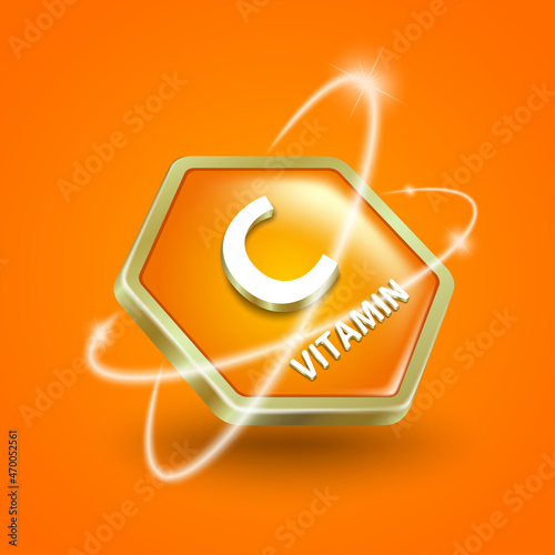 vitamin c hexagon logo label with light revolving around for designing food advertisements for nutritional purposes,vector 3d on orange background