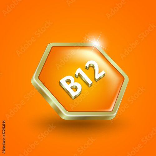 Vitamin B12 hexagon logo label golden orange for advertisements about nutrition and supplements,vector 3d isolated on orange background