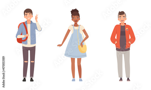 Teenager Boy and Girl Dressed in Casual Wear Standing with Backpack and Showing V Sign Gesture Vector Set