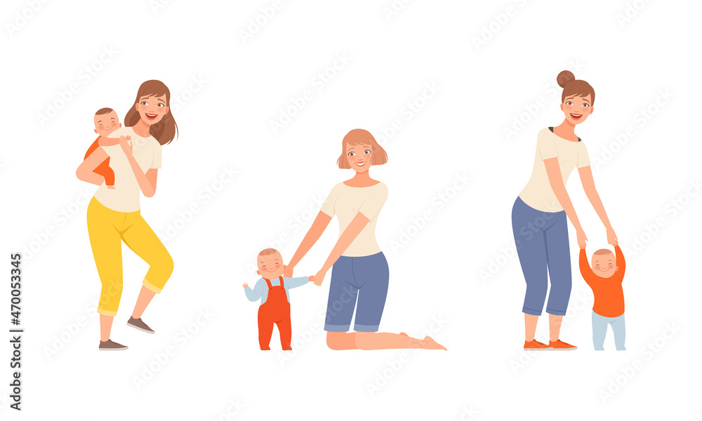 Young Loving Mother Spending Time with Her Little Baby Nursing Him Vector Set Young Loving Mother Spending Time with Her Little Baby Nursing Him Vector Set