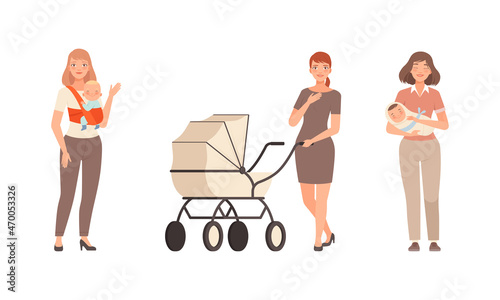 Young Loving Mother Spending Time with Her Little Baby Nursing Him Vector Set