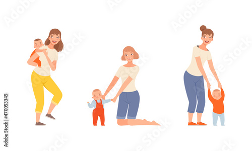 Young Loving Mother Spending Time with Her Little Baby Nursing Him Vector Set