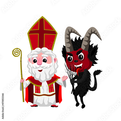 Cute cartoon style illustration of St Nicholas and Krampus