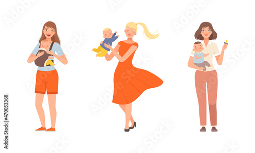 Young Loving Mother Spending Time with Her Little Baby Nursing Him Vector Set