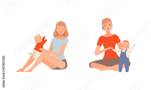 Young Loving Mother Spending Time with Her Little Baby Nursing Him Vector Set