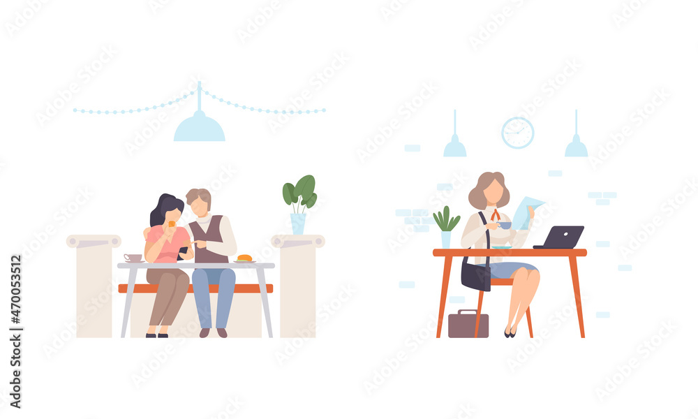 Man and Woman Character Eating Out Sitting at Cafe Table Having Dinner Vector Set