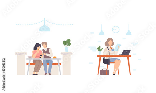 Man and Woman Character Eating Out Sitting at Cafe Table Having Dinner Vector Set