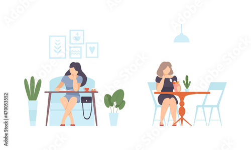 Woman Sitting in Cafe Eating Dessert and Reading Book Vector Set