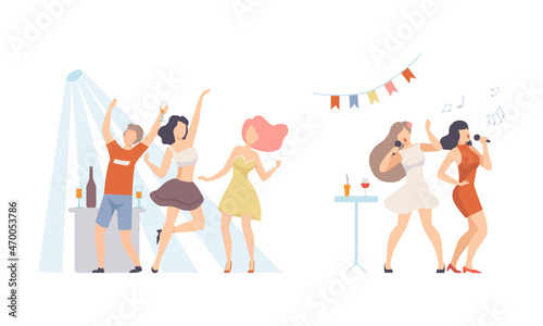 Joyful People Character Dancing and Drinking Cocktail Celebrating Feast Vector Illustration Set