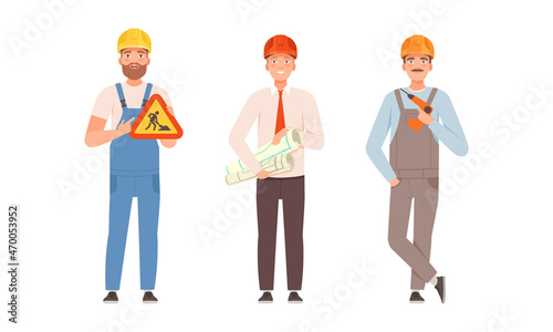 Handyman or Fixer as Skilled Man Wearing Overall Holding Drill and Draft Engaged in Home Repair Work Vector Set