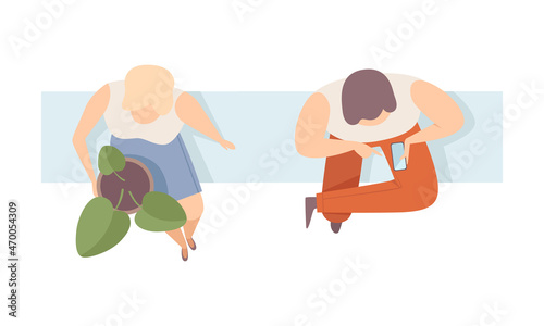 Man and Woman Sitting on Bench Top View Vector Illustration