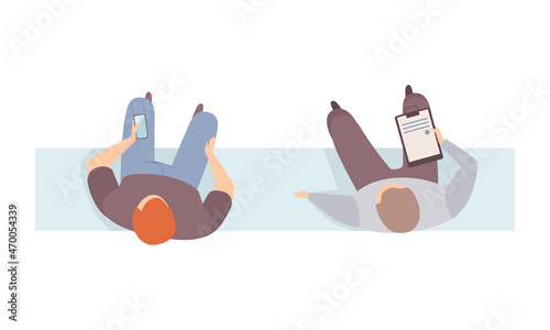 Man Sitting on Bench with Clip Board and Smartphone Top View Vector Illustration