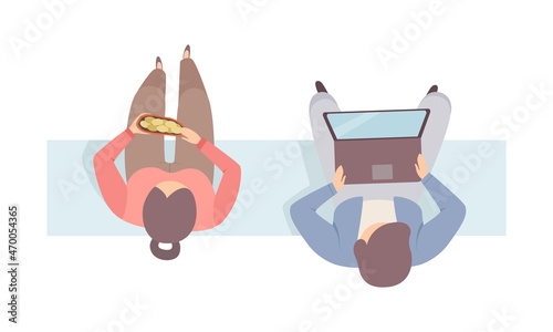 Man and Woman Sitting on Bench Top View Vector Illustration