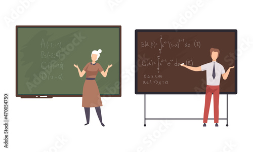 Man and Woman Teacher or University Professor Standing in Front of Chalkboard Explaining Lesson Vector Set