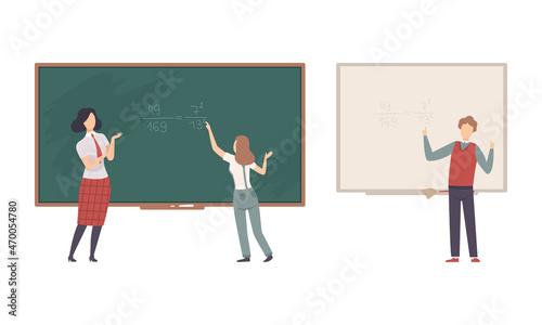 Teacher or University Professor Standing in Front of Chalkboard Explaining Lesson Vector Set