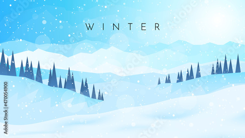 Winter landscape. Snowfall in the mountains. Travel concept of discovering, exploring, observing nature. Hiking tourism. Adventure. Minimalist polygonal flat design graphic poster. Vector illustration