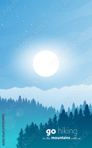 Vector landscape  night scene in nature with mountains and forest  silhouettes of trees. Hiking tourism. Adventure. Minimalist graphic flyers. Polygonal flat design for coupons  vouchers  gift cards