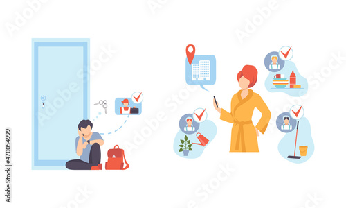 Man and Woman Ordering Service in Housecleaning and Locksmith Vector Set