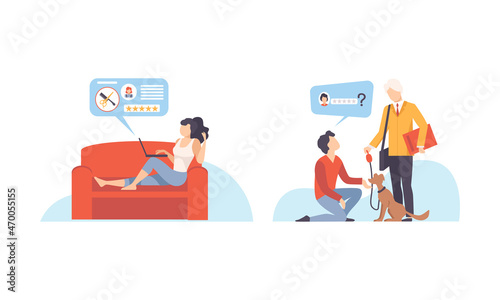 Man and Woman Ordering Service in Hairdressing and Dog Walking Vector Set