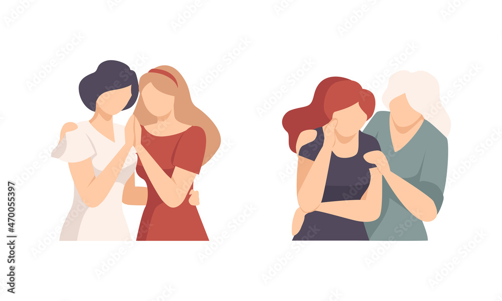 Woman Character Supporting Friend Encouraging Cheering Up and Raising His Spirit Vector Set Woman Character Supporting Friend Encouraging Cheering Up and Raising His Spirit Vector Set