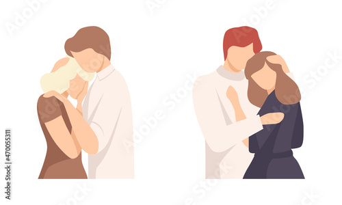 Man Character Supporting Woman Friend Encouraging Cheering Up and Raising His Spirit Vector Set