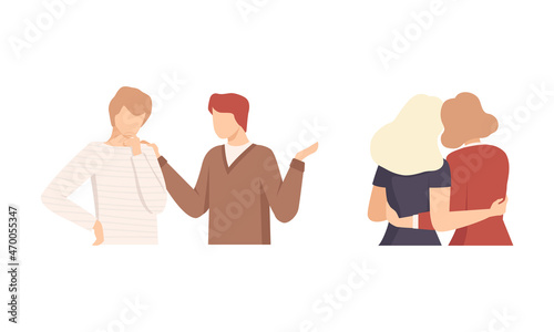 Man and Woman Character Supporting Friend Encouraging Cheering Up and Raising His Spirit Vector Set